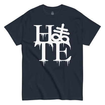 Strange And Twisted navy T-shirt featuring Hate design with occult Leviathan Cross in dripping gothic lettering