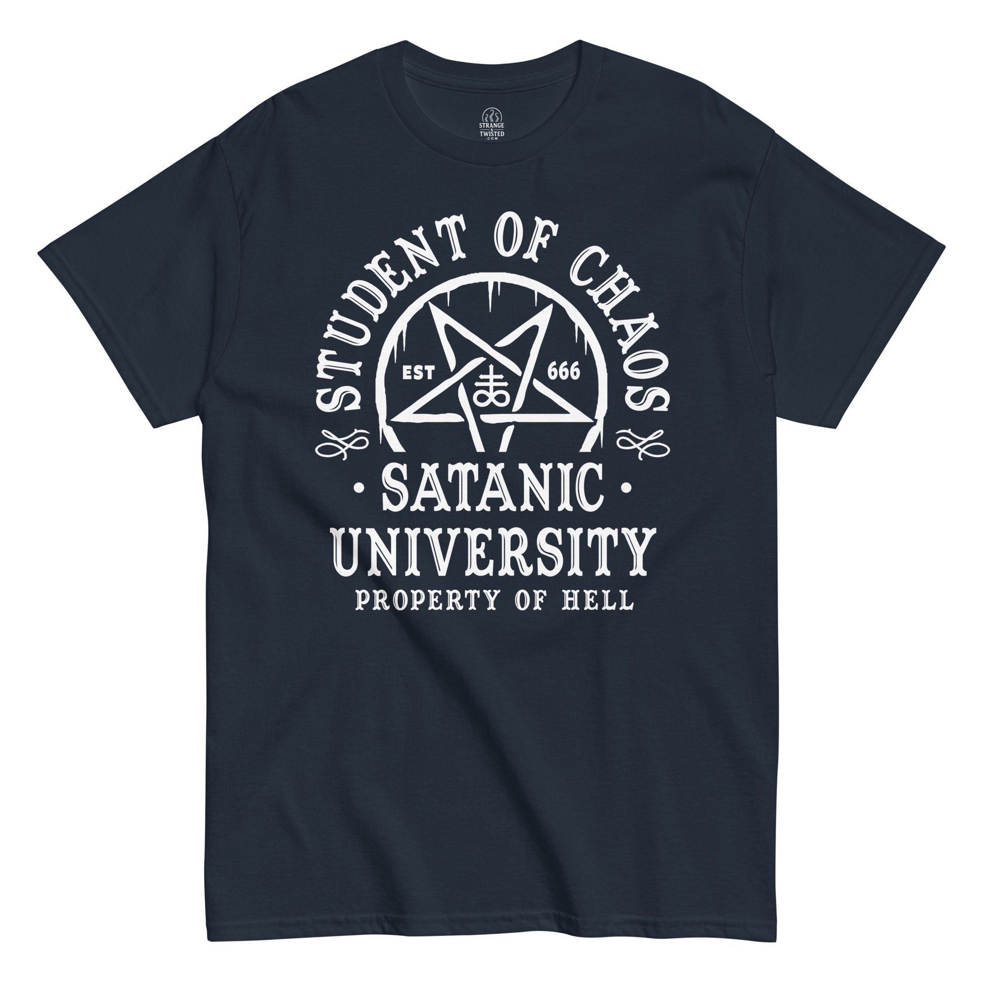 Strange And Twisted navy T-shirt featuring Student of Chaos Satanic University parody design with gothic pentagram style