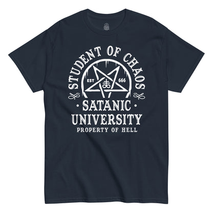Strange And Twisted navy T-shirt featuring Student of Chaos Satanic University parody design with gothic pentagram style