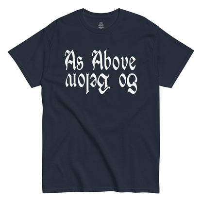 Strange And Twisted navy T-shirt featuring As Above So Below gothic occult lettering inspired by hermetic symbolism