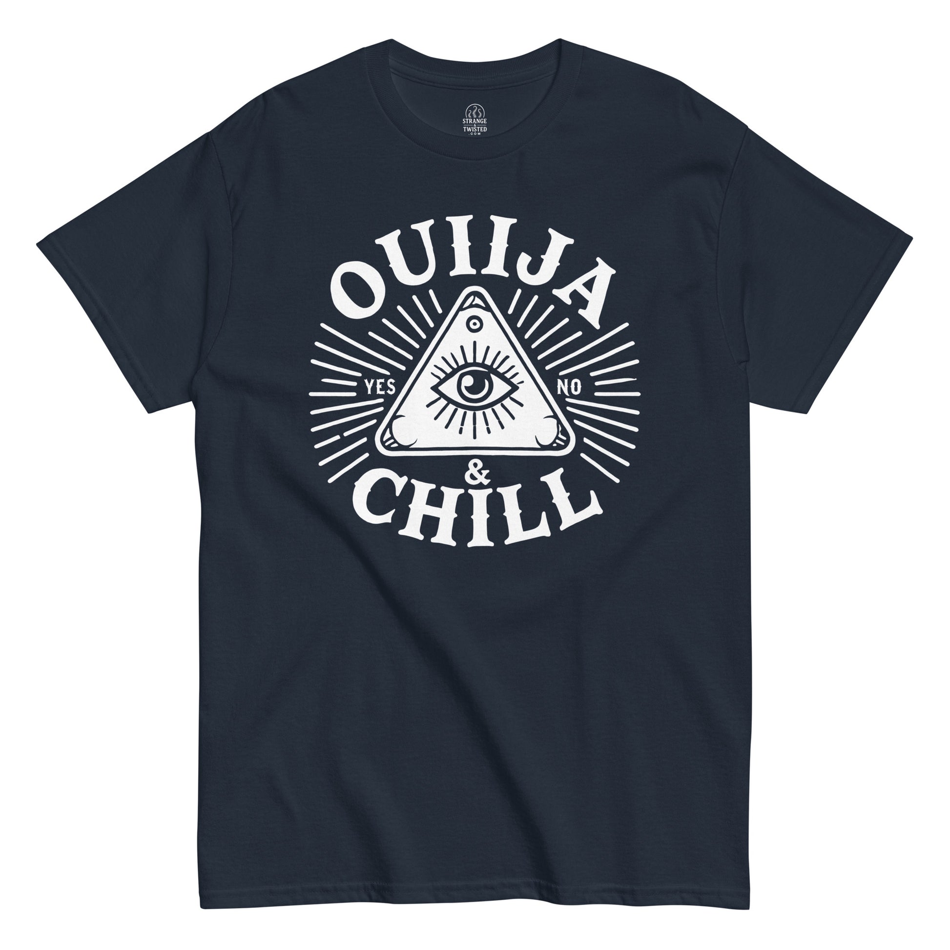 Ouija and Chill T-shirt featuring all-seeing eye planchette parody design with mystical rays