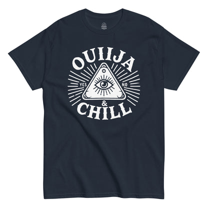 Ouija and Chill T-shirt featuring all-seeing eye planchette parody design with mystical rays