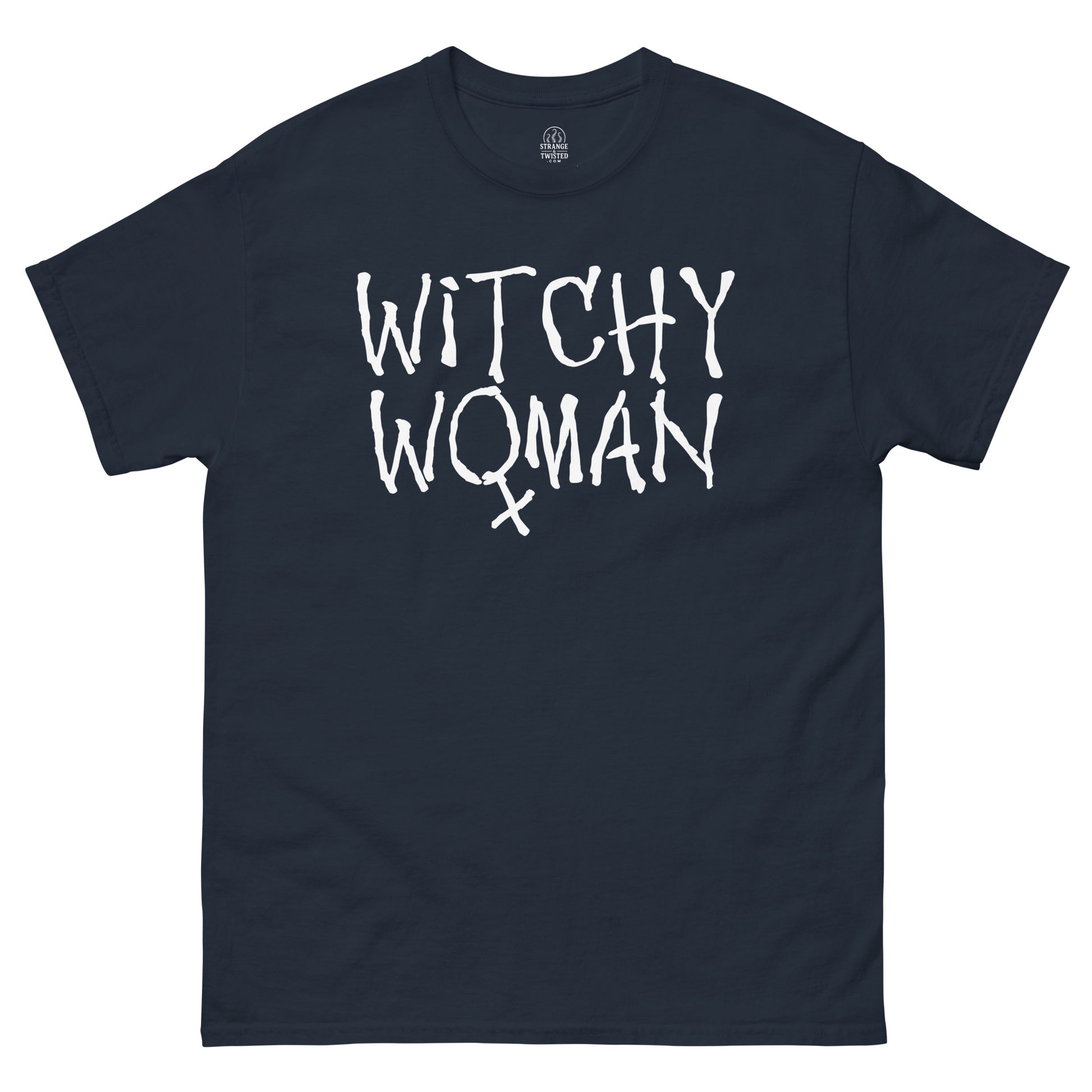 Witchy Woman T-shirt navy front with witchcraft gothic lettering