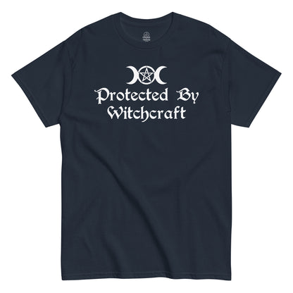 Front navy Protected By Witchcraft Wicca shirt with spiritual pentacle Strange And Twisted