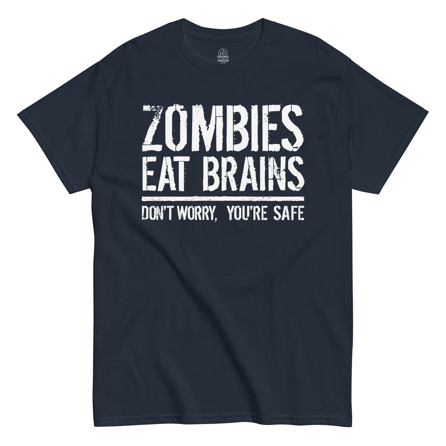 Front navy Zombies Eat Brains horror joke T-shirt by StrangeAndTwisted