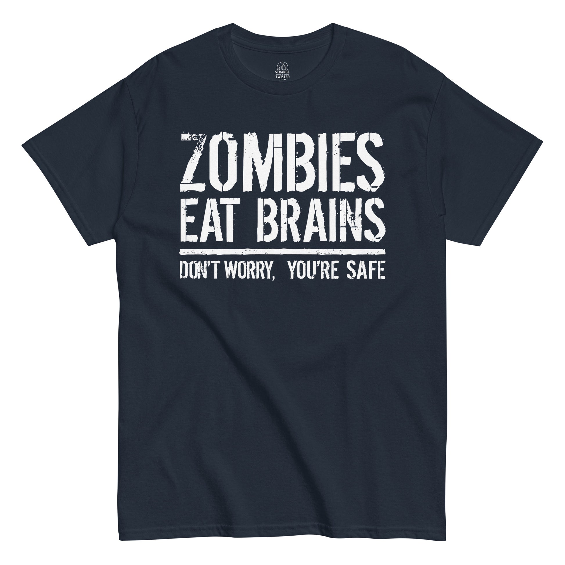 Front navy Zombies Eat Brains horror joke T-shirt by StrangeAndTwisted