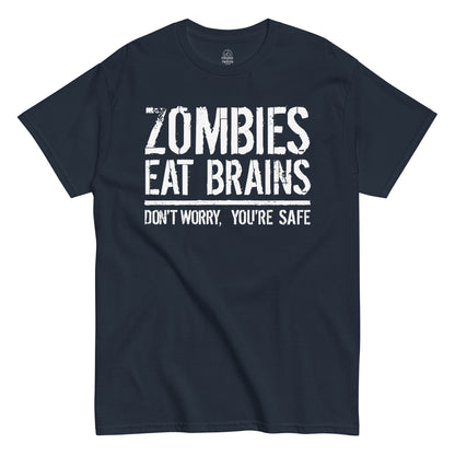 Front navy Zombies Eat Brains horror joke T-shirt by StrangeAndTwisted