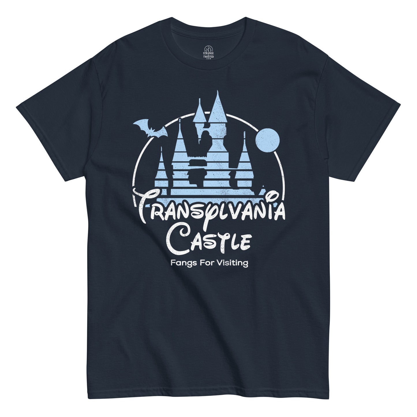 Front view Transylvania Castle Dracula Vampire Horror T-Shirt navy StrangeAndTwisted