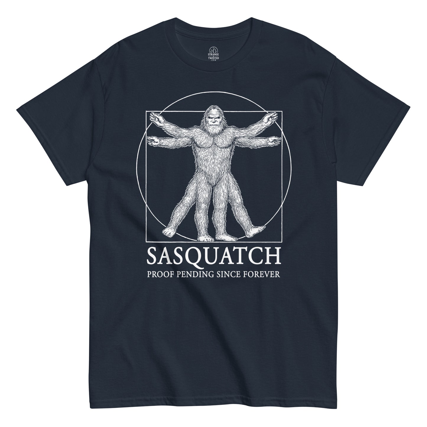 Front view navy Sasquatch Vitruvian Man T-Shirt cryptozoology humor Strange And Twisted