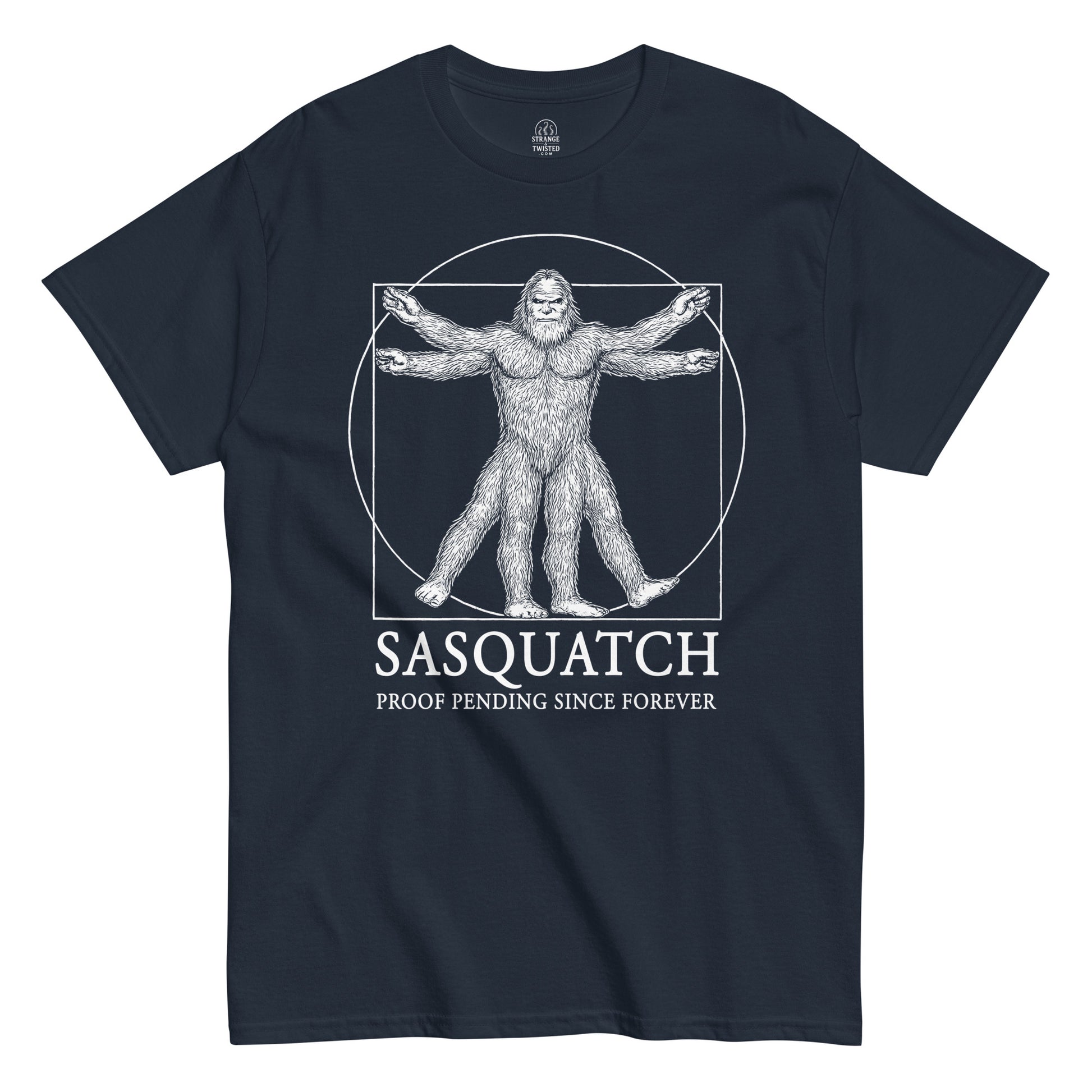 Front view navy Sasquatch Vitruvian Man T-Shirt cryptozoology humor Strange And Twisted