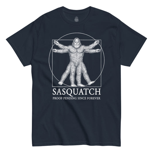 Front view navy Sasquatch Vitruvian Man T-Shirt cryptozoology humor Strange And Twisted
