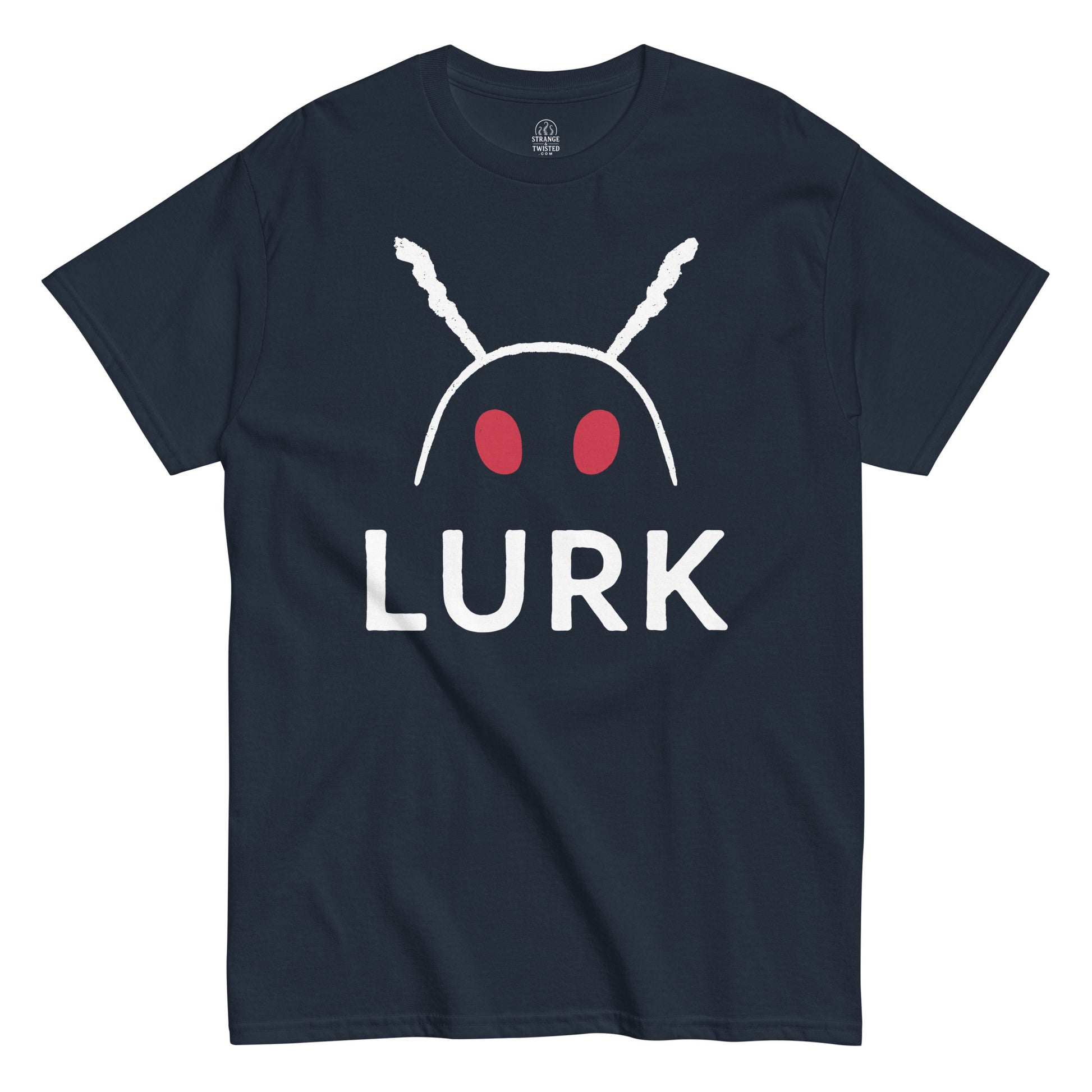 Navy LURK Mothman T-Shirt with red eyes cryptid design – StrangeAndTwisted