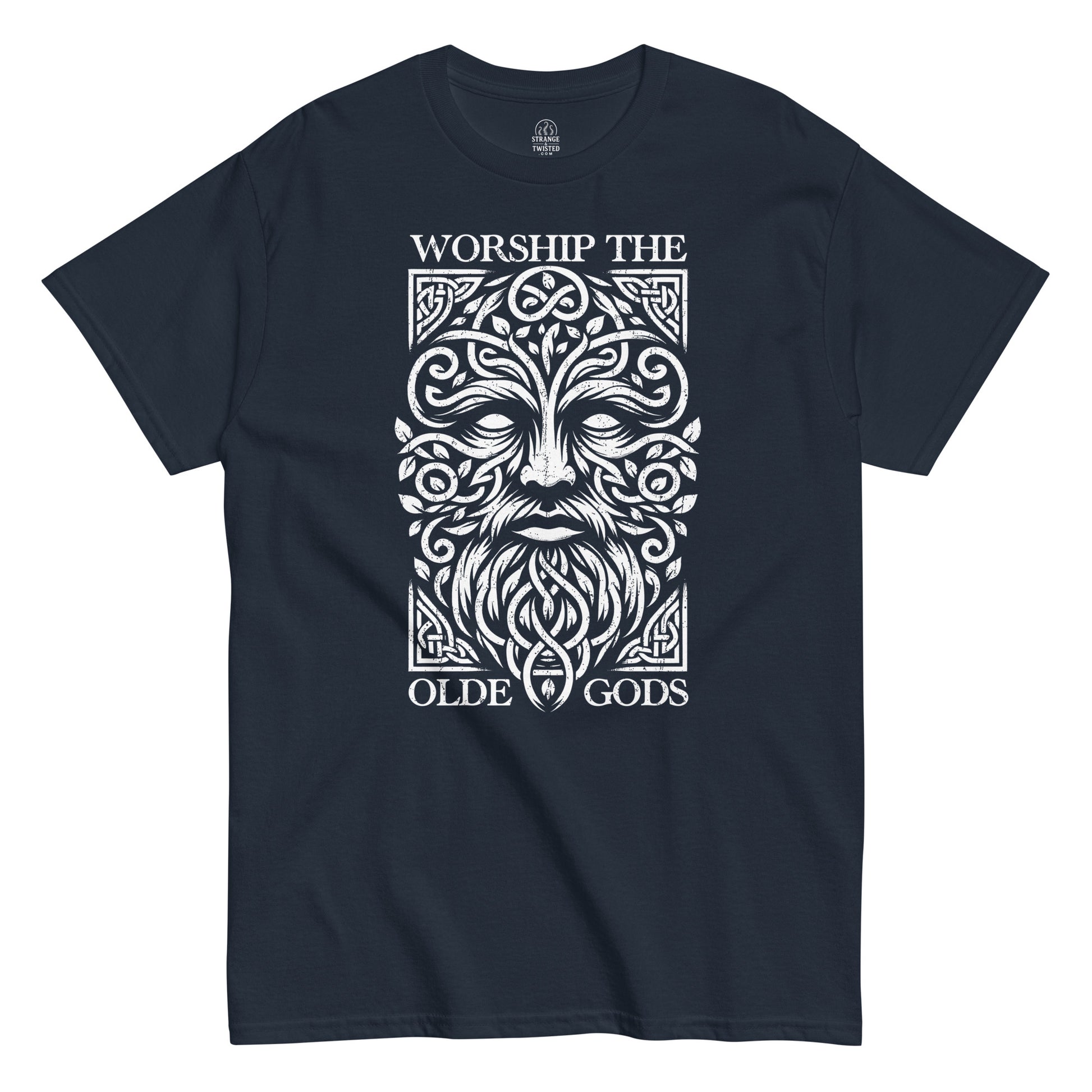 Front of navy Jack of the Woods Green Man shirt, druid and Celtic folklore design