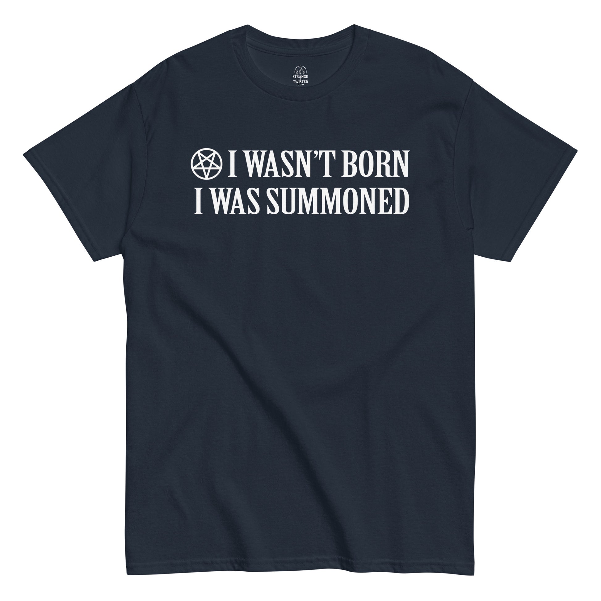 Front design of navy witchcraft aesthetic T-shirt with pentagram and gothic quote