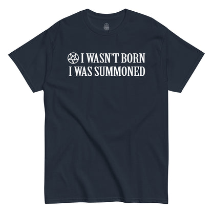 Front design of navy witchcraft aesthetic T-shirt with pentagram and gothic quote