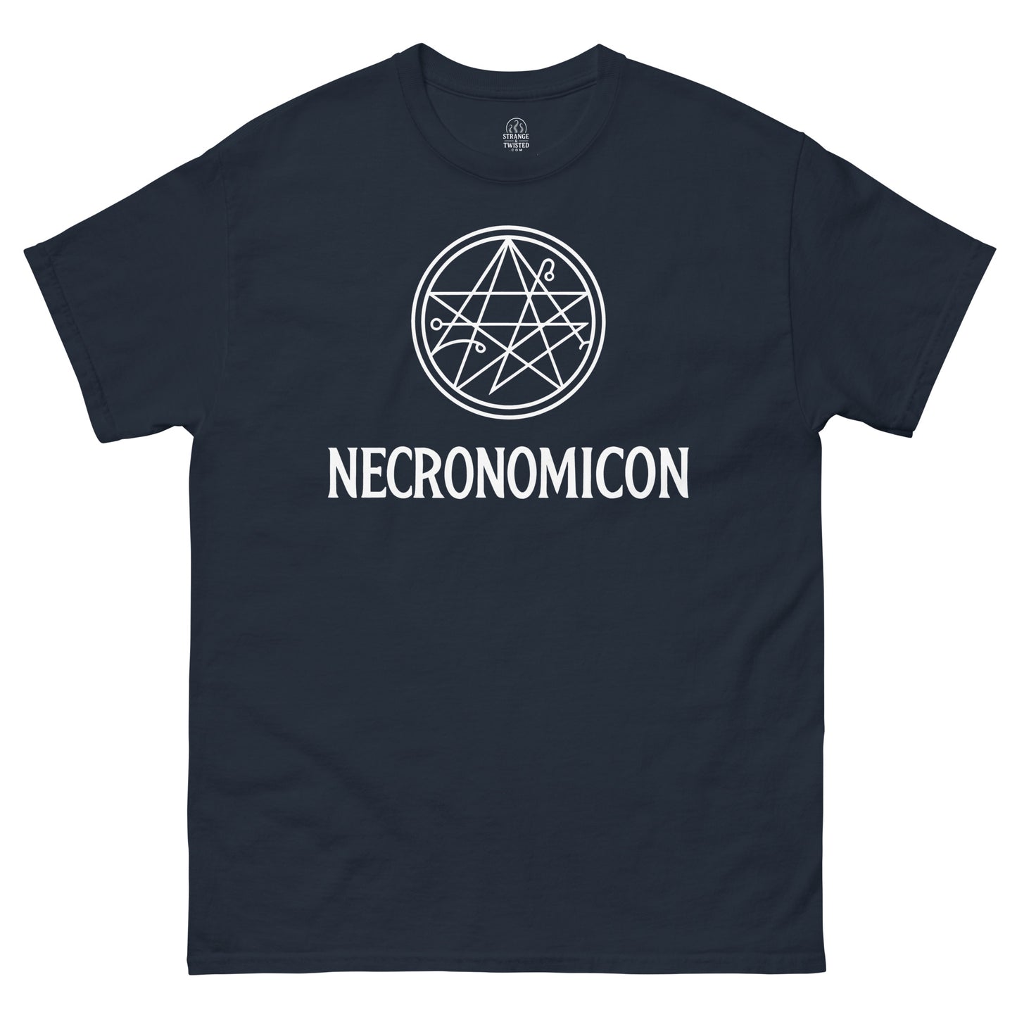 Navy Necronomicon Cthulhu T-shirt featuring occult pentagram and witchcraft design