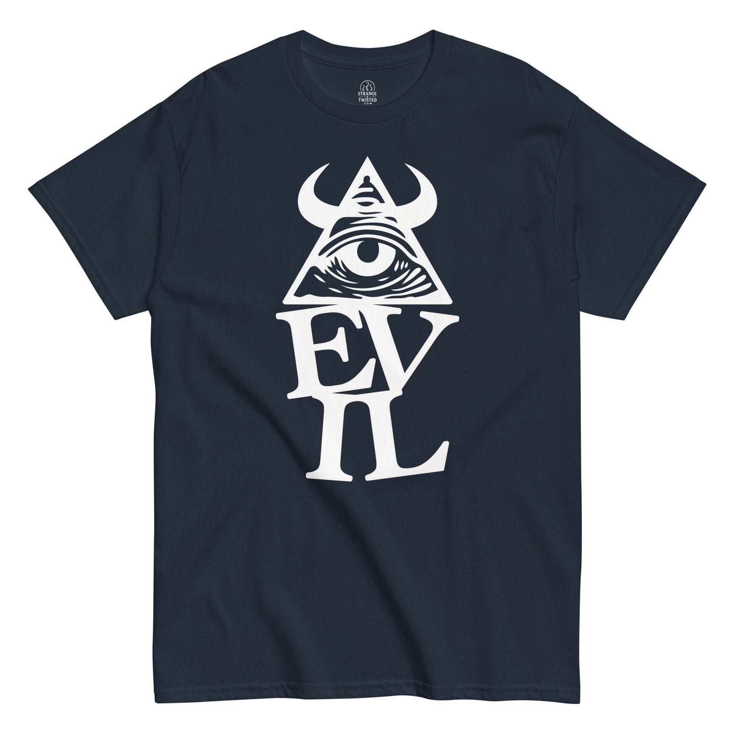 Navy Illuminati evil eye T-shirt with occult pyramid gothic artwork