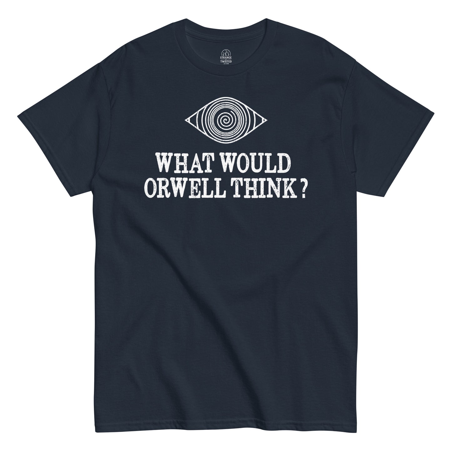 Front view navy Orwell T-shirt conspiracy Big Brother design