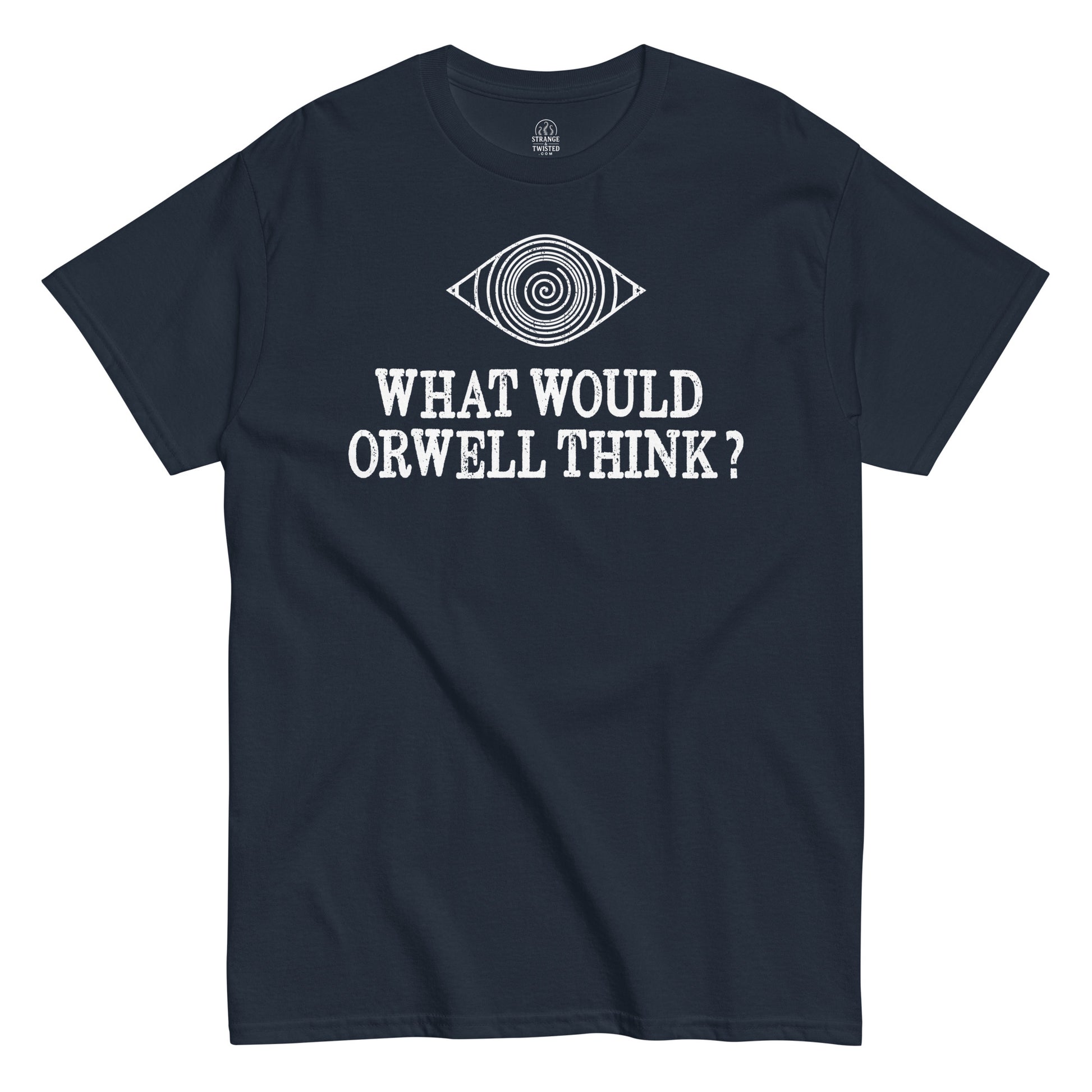 Front view navy Orwell T-shirt conspiracy Big Brother design