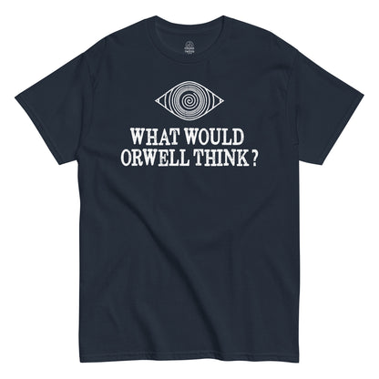 Front view navy Orwell T-shirt conspiracy Big Brother design