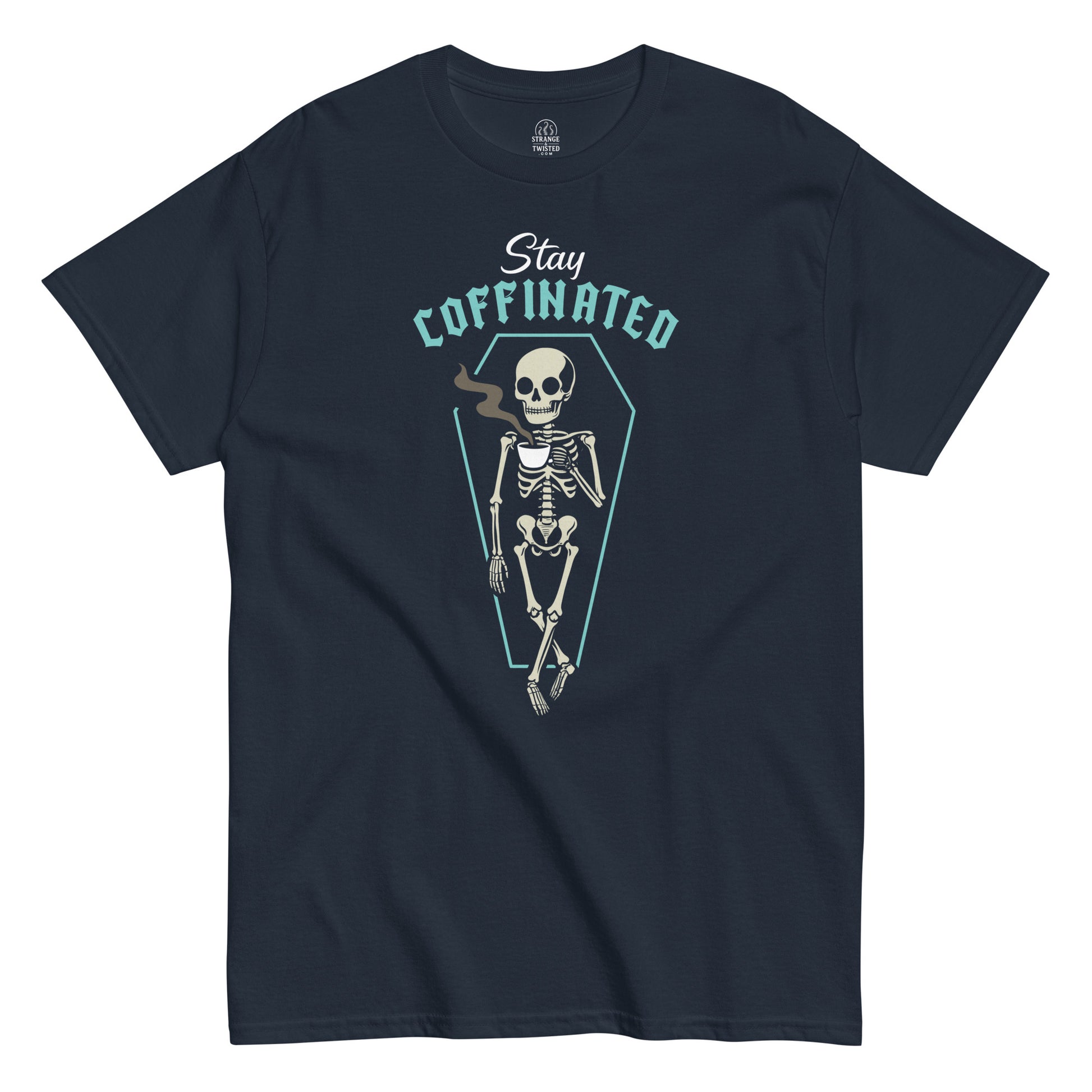Front view navy Stay Coffinated skeleton coffee T-shirt funny gothic caffeine art