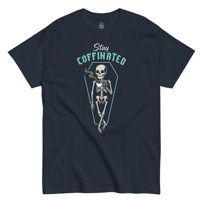 Front view navy Stay Coffinated skeleton coffee T-shirt funny gothic caffeine art