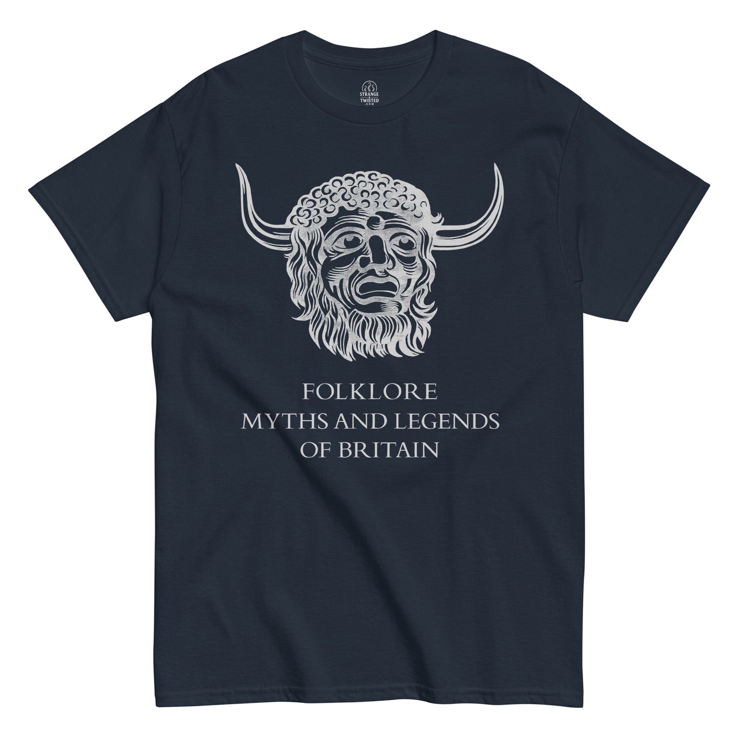 Front view navy Folklore Myths and Legends of Britain T-shirt inspired by pagan mythology and folklore