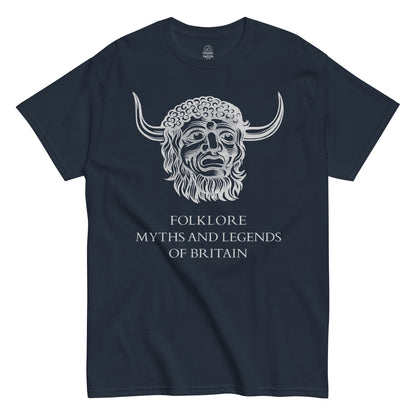 Front view navy Folklore Myths and Legends of Britain T-shirt inspired by pagan mythology and folklore