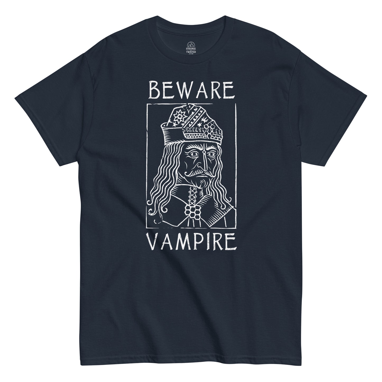 Beware Vampire Dracula gothic folklore T-shirt in navy