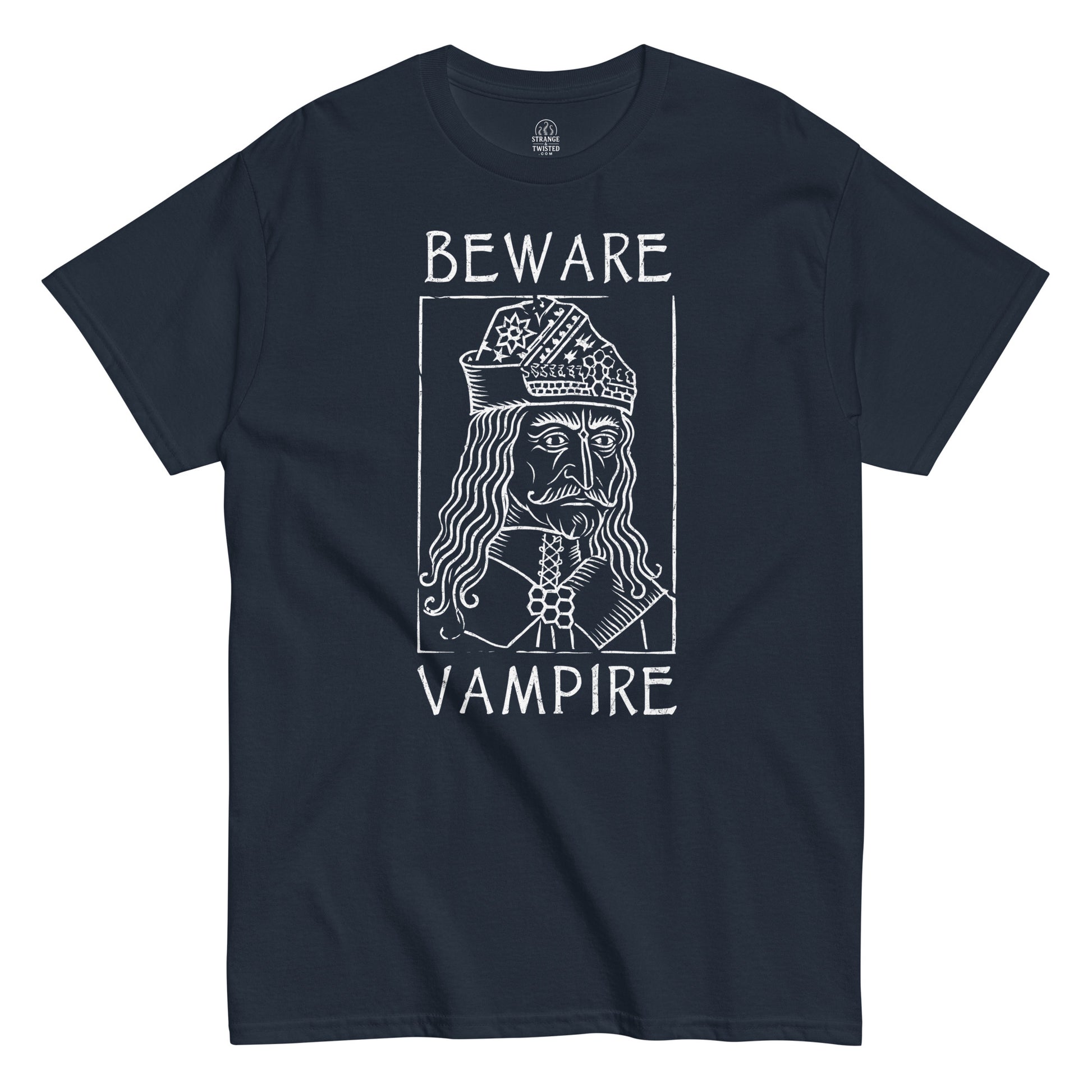 Beware Vampire Dracula gothic folklore T-shirt in navy