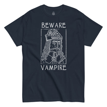 Beware Vampire Dracula gothic folklore T-shirt in navy