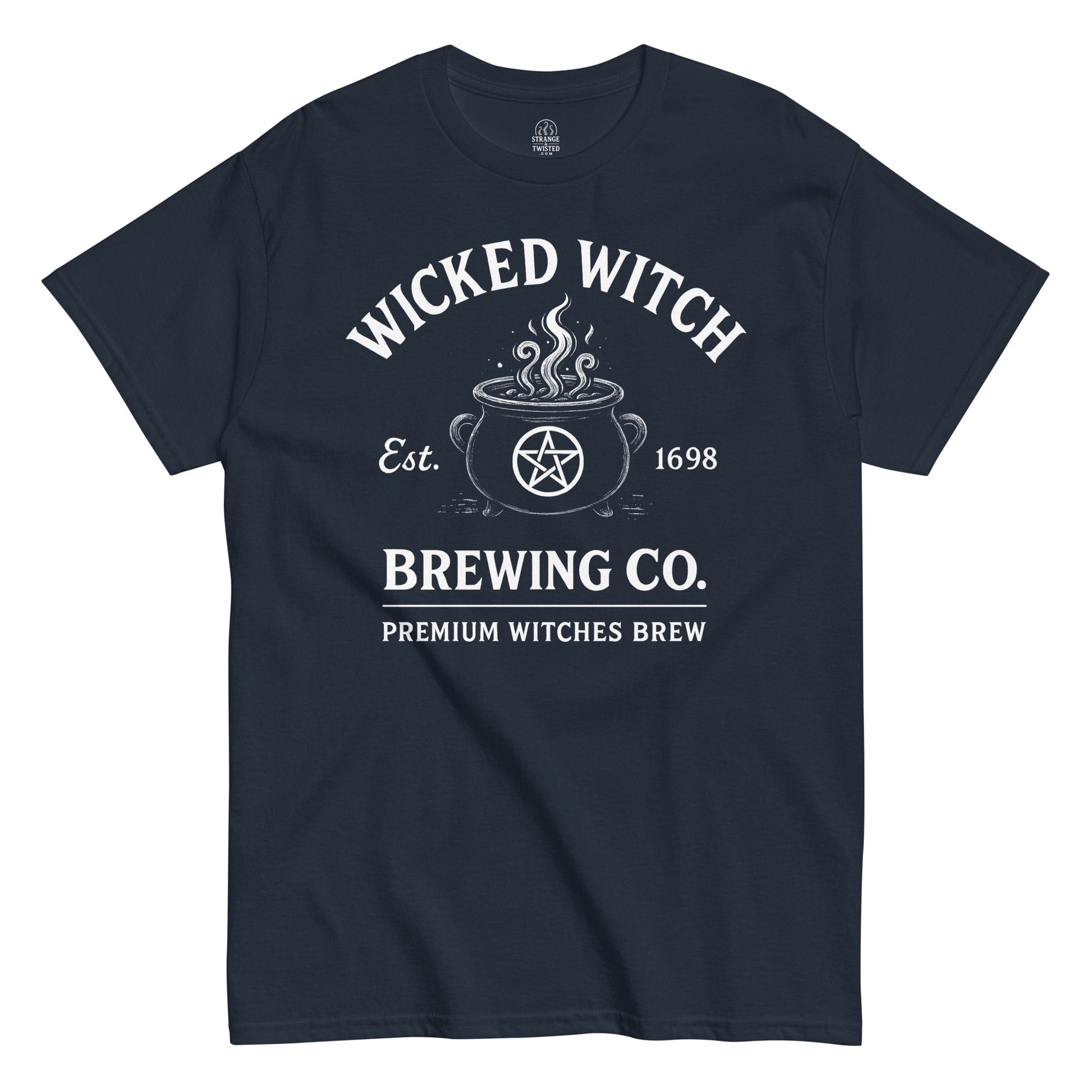 Witchcraft cauldron T-shirt with Wicked Witch Brewing Co. design and pentagram on navy