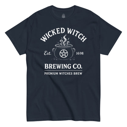 Witchcraft cauldron T-shirt with Wicked Witch Brewing Co. design and pentagram on navy
