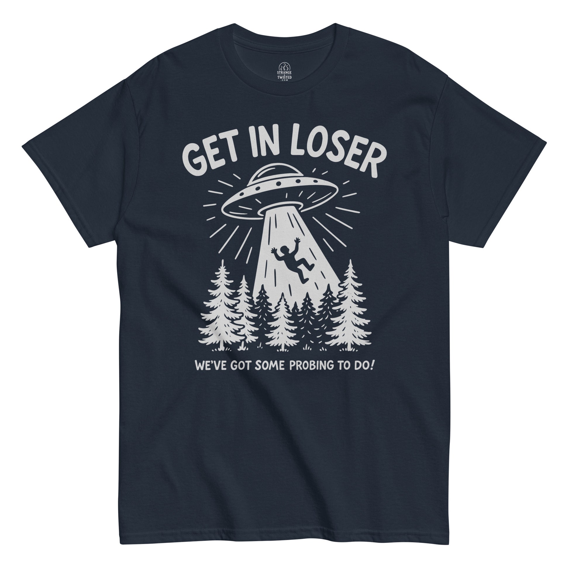 Funny alien UFO abduction shirt in navy, human silhouette being taken by flying saucer with humorous slogan.