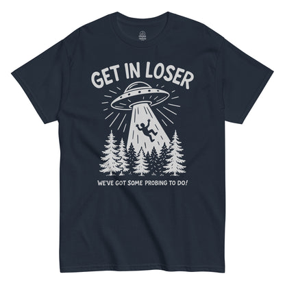 Funny alien UFO abduction shirt in navy, human silhouette being taken by flying saucer with humorous slogan.