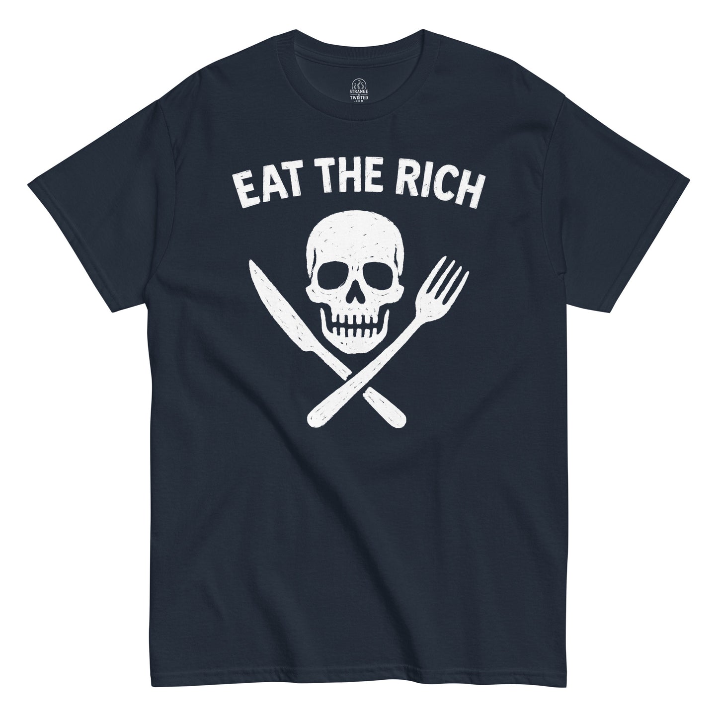 Eat The Rich political protest T-shirt in navy with skull and cutlery, edgy punk style.