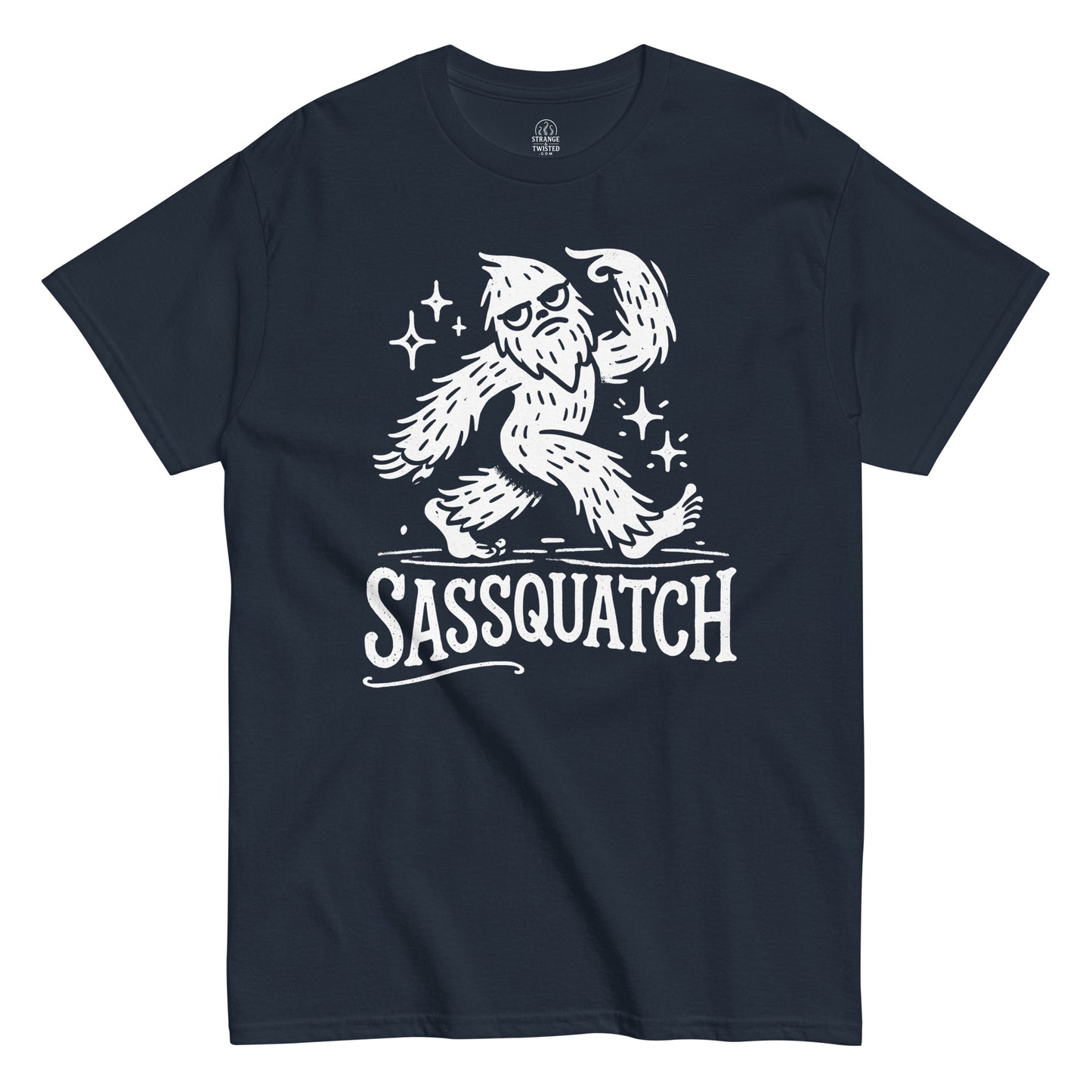 Funny Bigfoot T-shirt on navy – sassy Sasquatch walking with sparkles and “Sassquatch” lettering