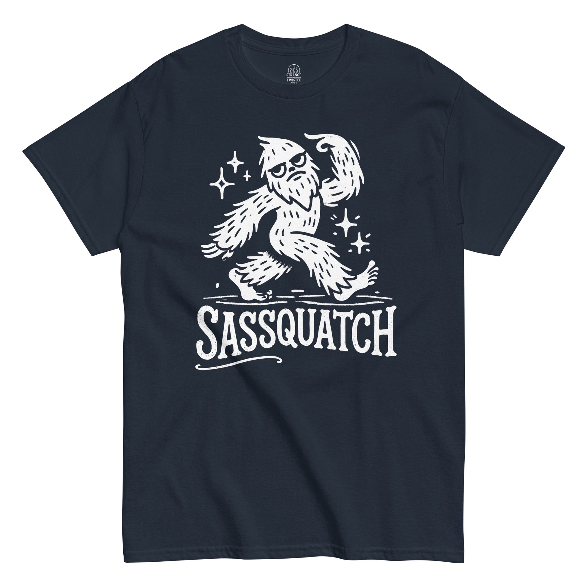 Funny Bigfoot T-shirt on navy – sassy Sasquatch walking with sparkles and “Sassquatch” lettering