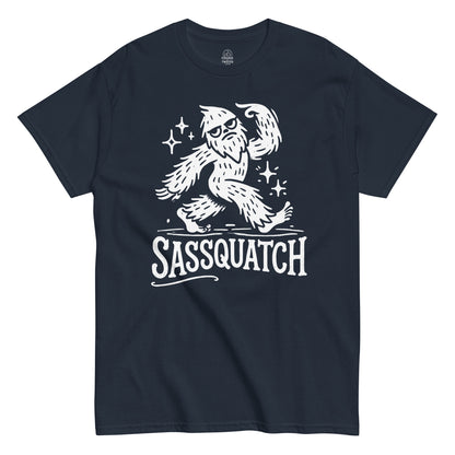 Funny Bigfoot T-shirt on navy – sassy Sasquatch walking with sparkles and “Sassquatch” lettering