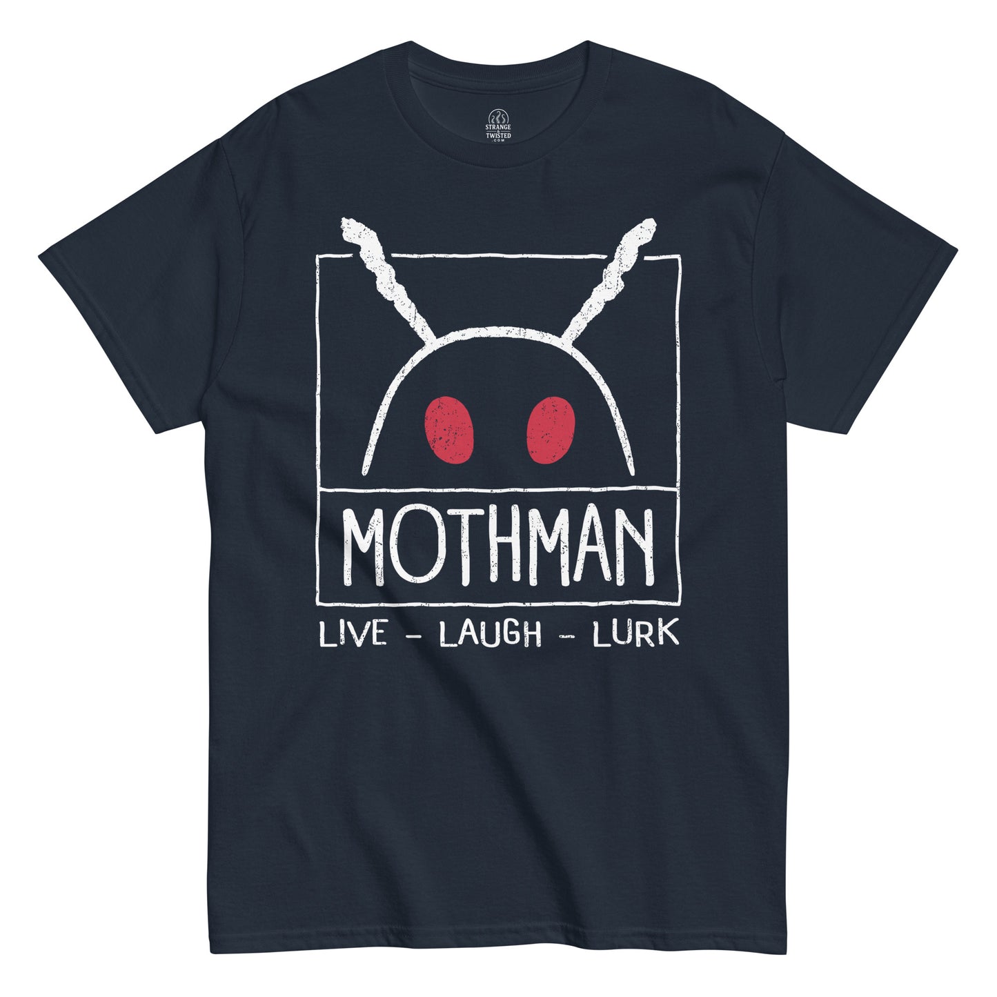 Funny Mothman T-shirt on navy – red-eyed Mothman face with “Live Laugh Lurk” text