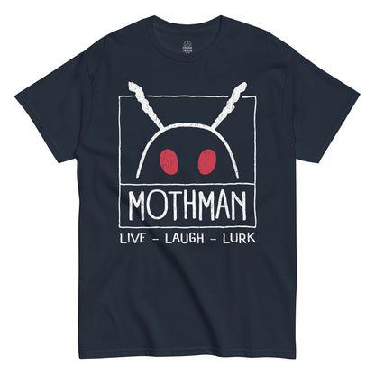 Funny Mothman T-shirt on navy – red-eyed Mothman face with “Live Laugh Lurk” text