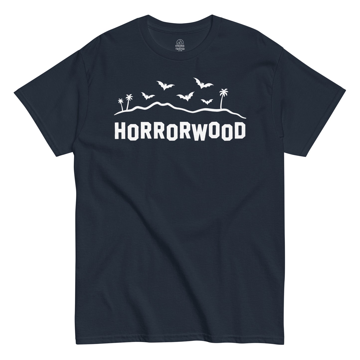 Horrorwood parody T-shirt on navy – bats flying over gothic Horrorwood parody for horror fans