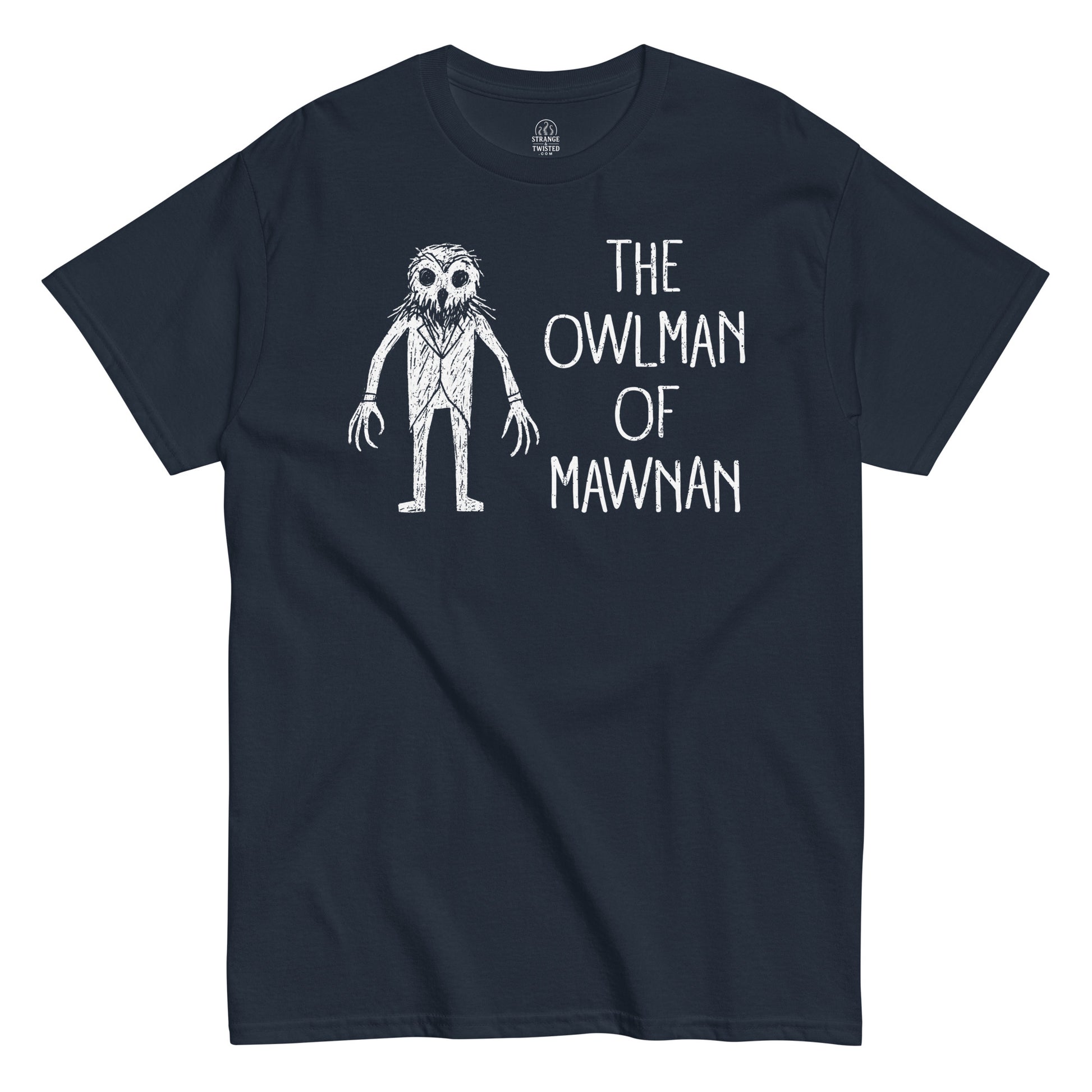 Owlman of Mawnan T-shirt on navy – British cryptid design with owl humanoid and gothic lettering
