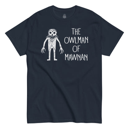 Owlman of Mawnan T-shirt on navy – British cryptid design with owl humanoid and gothic lettering