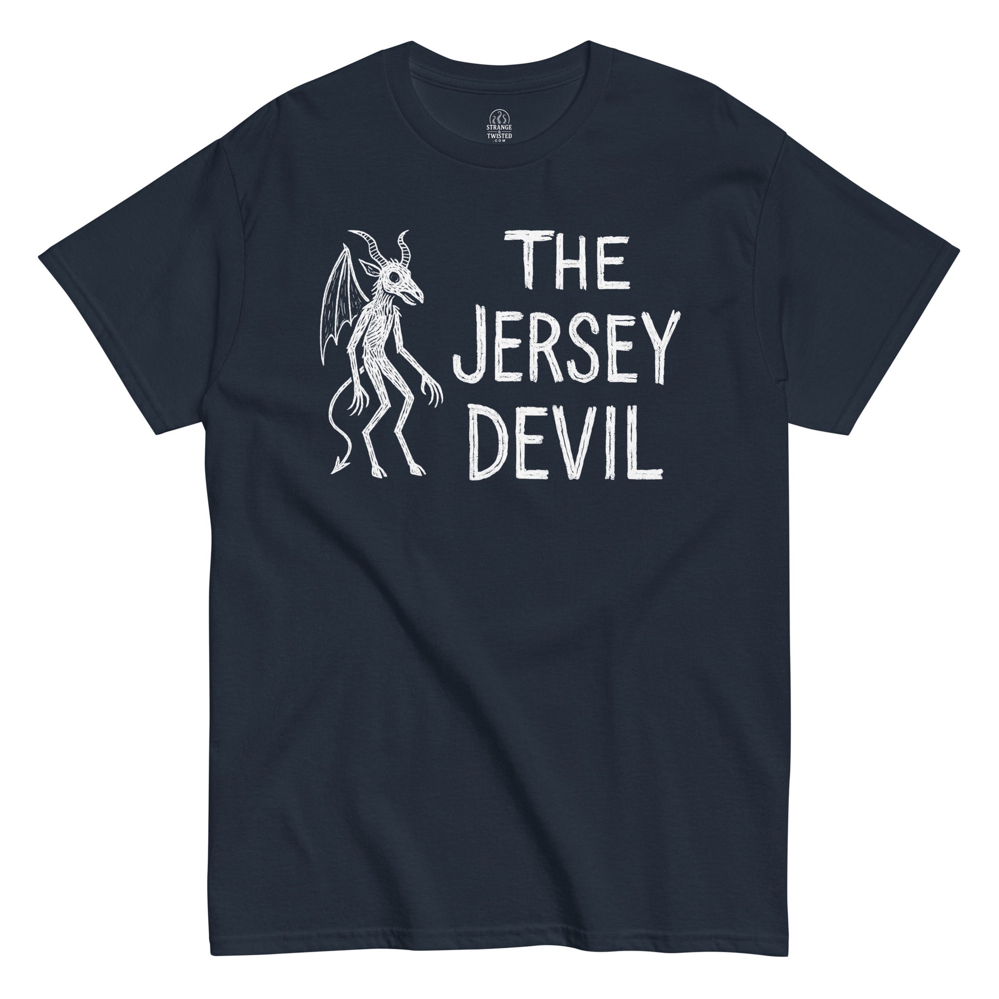 Jersey Devil T-shirt on navy – creepy cryptid design with gothic text referencing New Jersey legend