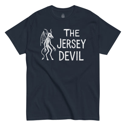 Jersey Devil T-shirt on navy – creepy cryptid design with gothic text referencing New Jersey legend