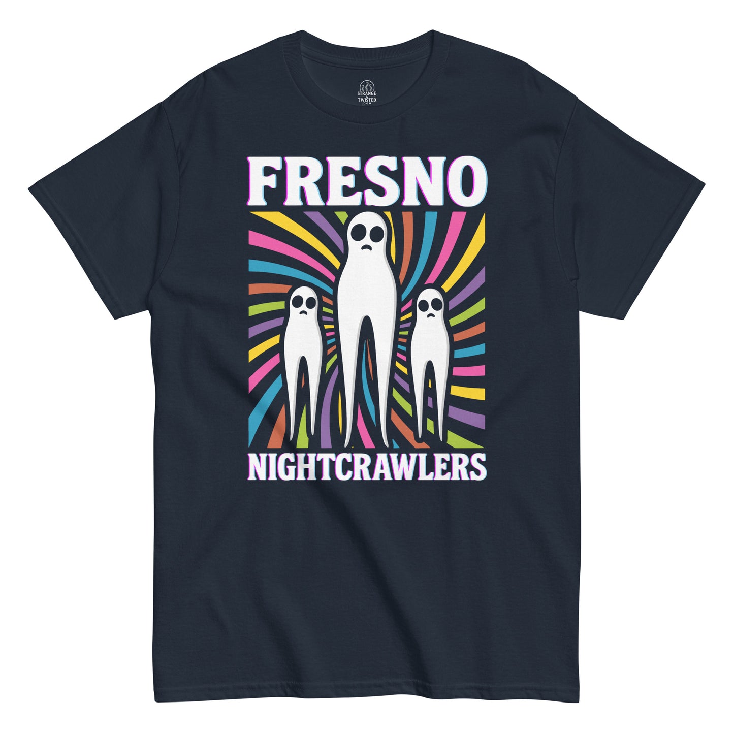 Fresno Nightcrawlers T-shirt on navy – cryptid design with colorful spiral pattern