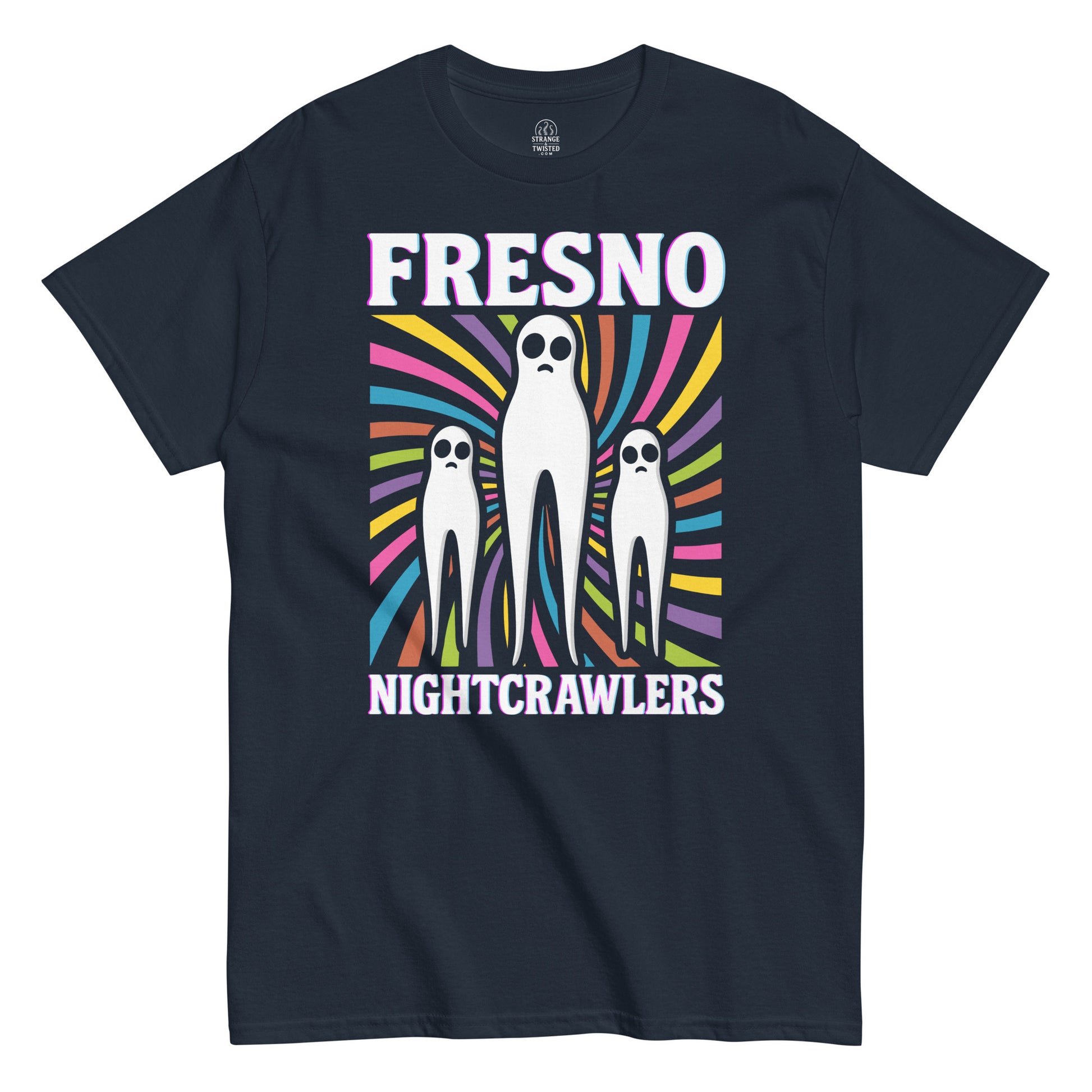 Fresno Nightcrawlers T-shirt on navy – cryptid design with colorful spiral pattern