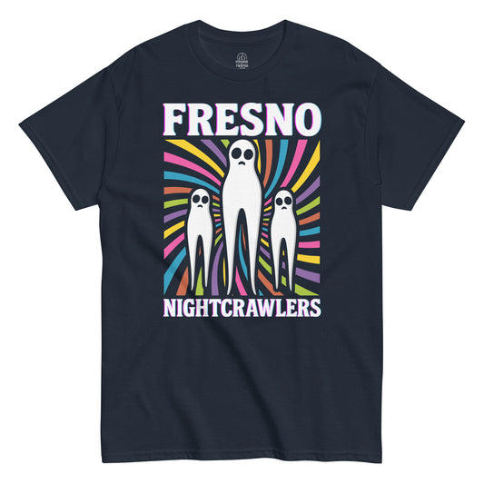 Fresno Nightcrawlers T-shirt on navy – cryptid design with colorful spiral pattern