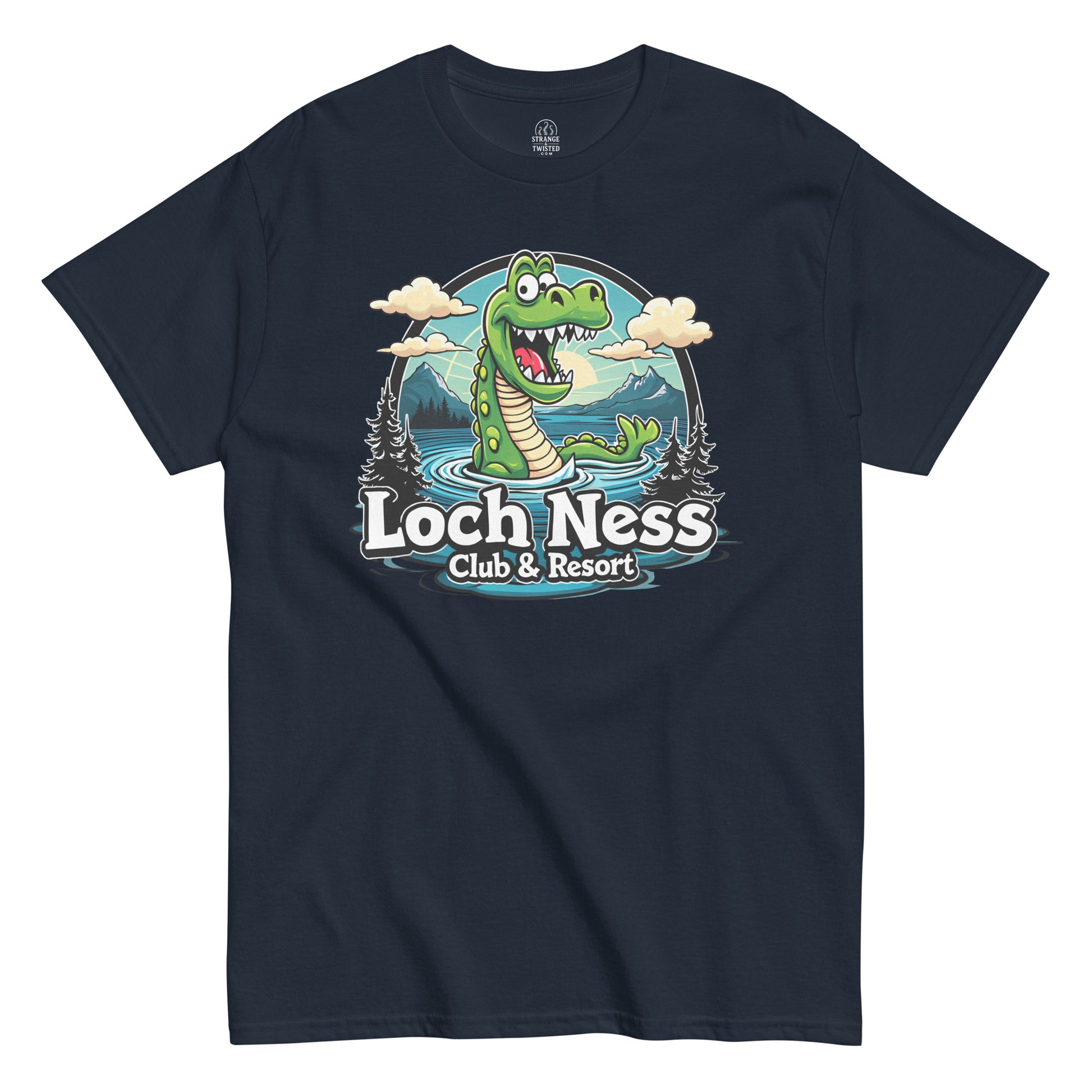 Loch Ness Monster T-shirt on navy – funny Nessie cartoon design with parody resort theme